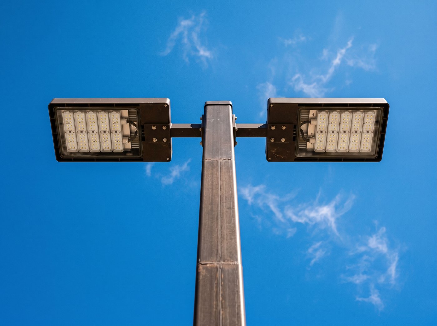 Twin LED area light fixtures on a square steel parking lot pole