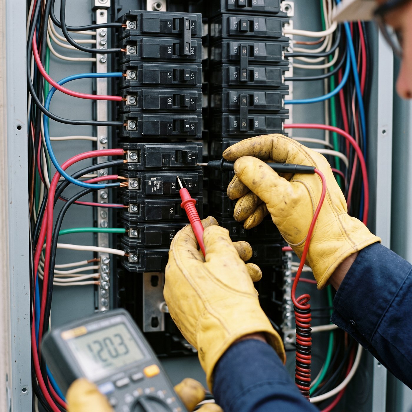Electrician checking a breaker panel with a multimeter